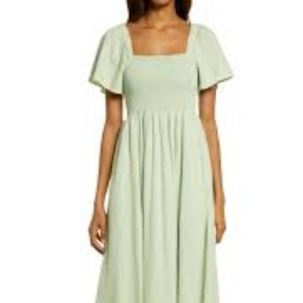 Linen-Blend Lucie Smocked Midi Dress (NEVER BEEN WORN)